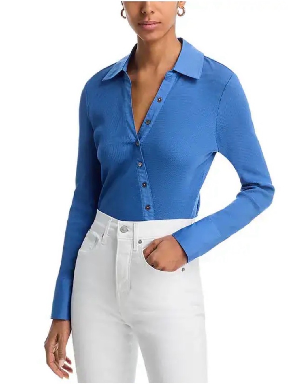 Veronica Beard Cobalt Blue Ribbed Button-Down Long Sleeve Top